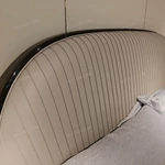 Light Beige Upholstered Bed with Vertical-Striped Headboard, Natural Wood Veneer Trim & Gold Stainless Steel Feet